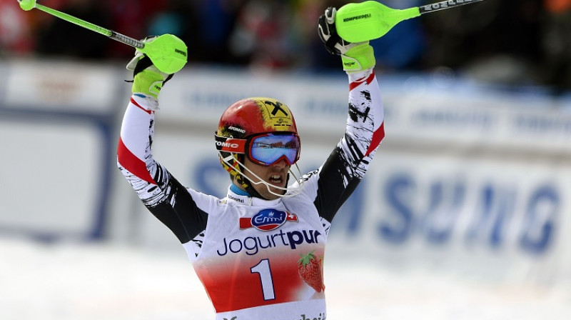 Marsels Hiršers varēja svinēt uzvaru sacensībās, slaloma kopvērtējumā un PK kopvērtējumā
Foto: AFP/Scanpix