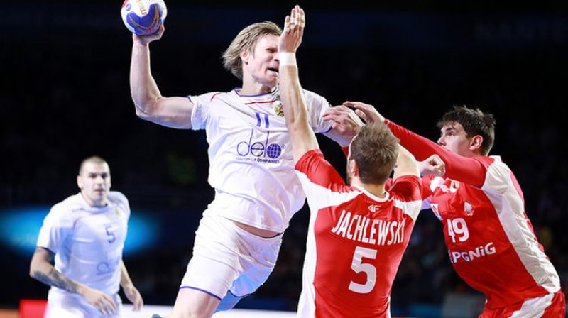 Mirklis no Krievijas un Polijas handbola izlašu spēles
Foto: Francehandball2017.com