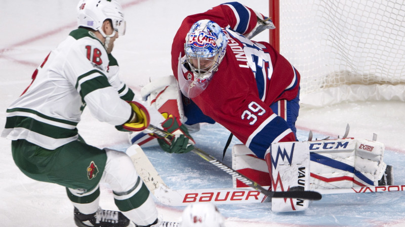 Minesotas "Wild" uzbrucējs Džeisons Zakers iemeta trīs ripas "Canadiens" vārtos
Foto: TT NYHETSBYRÅN/Scanpix