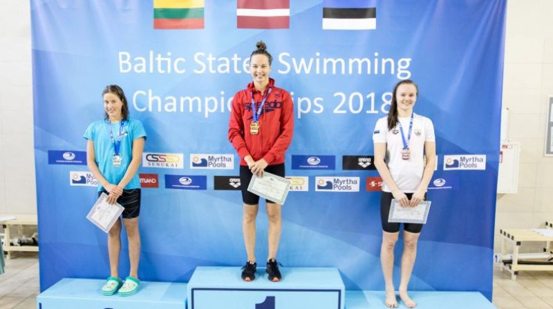 Ieva Maļuka (pa kreisi) un Gabriela Ņikitina (centrā) pēc martā gūtās dubultuzvaras Baltijas valstu čempionāta 100 metru brīvā stila distancē
Foto: swimming.lv