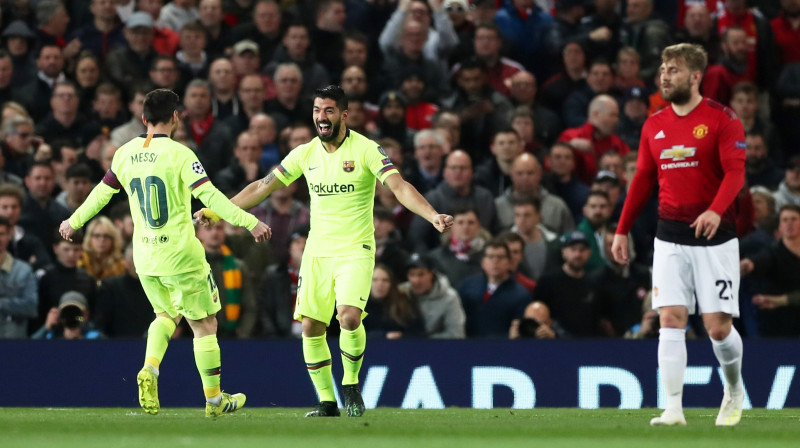 "Barcelona" futbolisti svin vienīgo vārtu guvumu pret Mančestras "United". Foto: Reuters/Scanpix