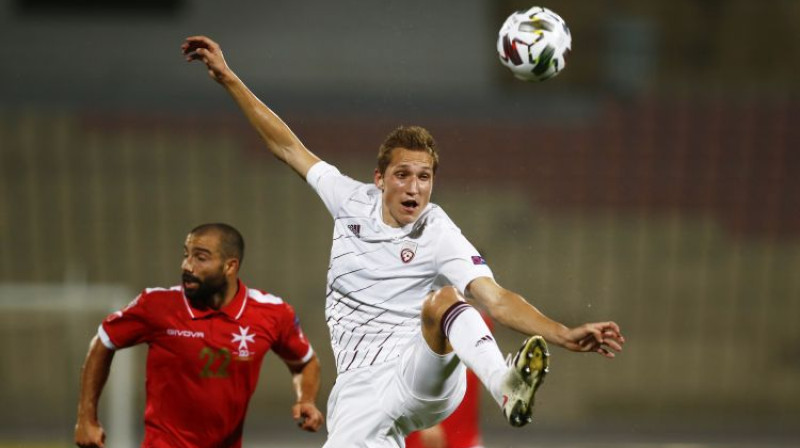 Raimonds Krollis Latvijas izlases spēlē pret Maltu. Foto: Reuters/Scanpix