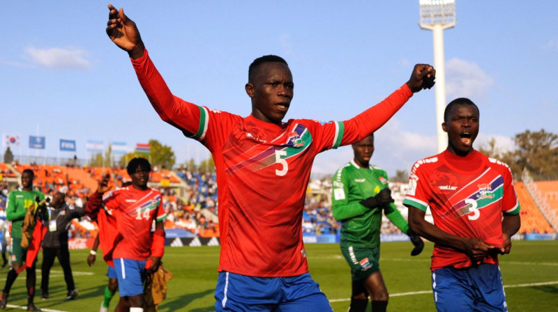 Gambijas U20 valstsvienības futbolisti. Foto: Andres Larrovere/AFP/Scanpix