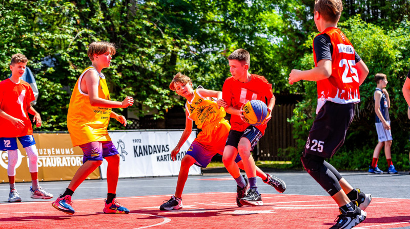 U13 grupas komandas sacenšas 2023. gadā Saulkrastos sacenšas olimpiskā formāta 3x3 basketbolā. Publicitātes foto