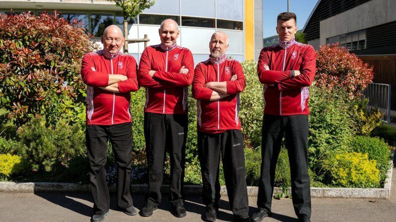 No kreisās: Aivars Lācis, Aivars Purmalis, Jānis Rēdlihs, Ansis Regža
Foto: World Curling / Ansis Ventiņš